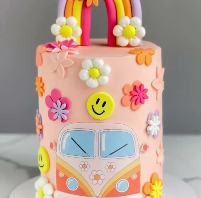Gâteau Hippie fleurs et arc-en-ciel